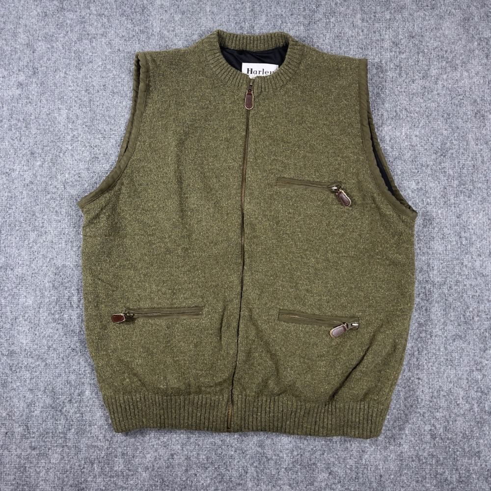 Harley of Scotland Zip Up Wool Vest Mens M Olive Green Lined Pockets